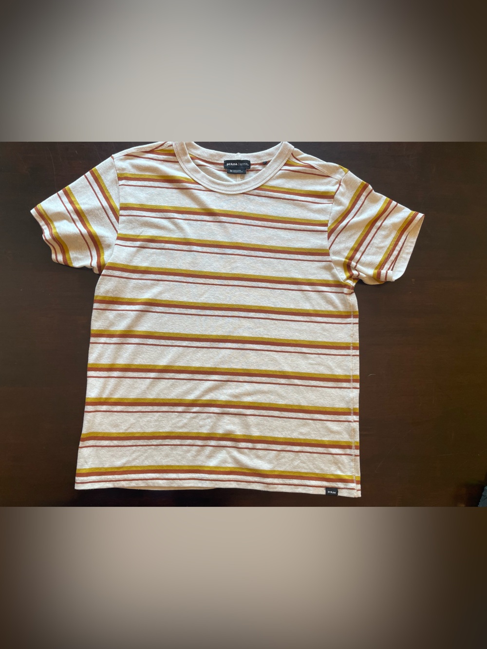 Prana women’s Short-Sleeve Stripe Tee in Cream, Mustard & Rust
